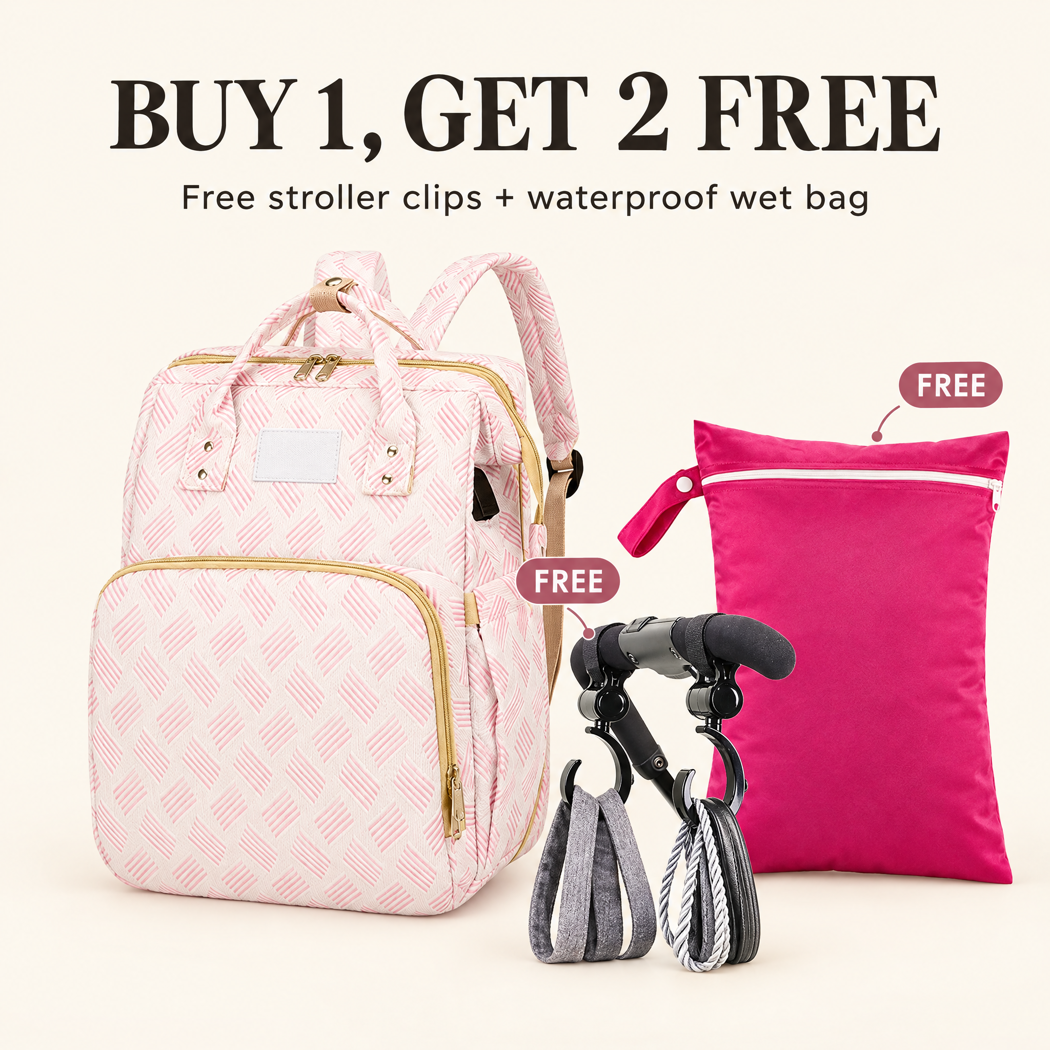 Buy 1, get 2 free: The Nest Backpack with free stroller clips and wet bag