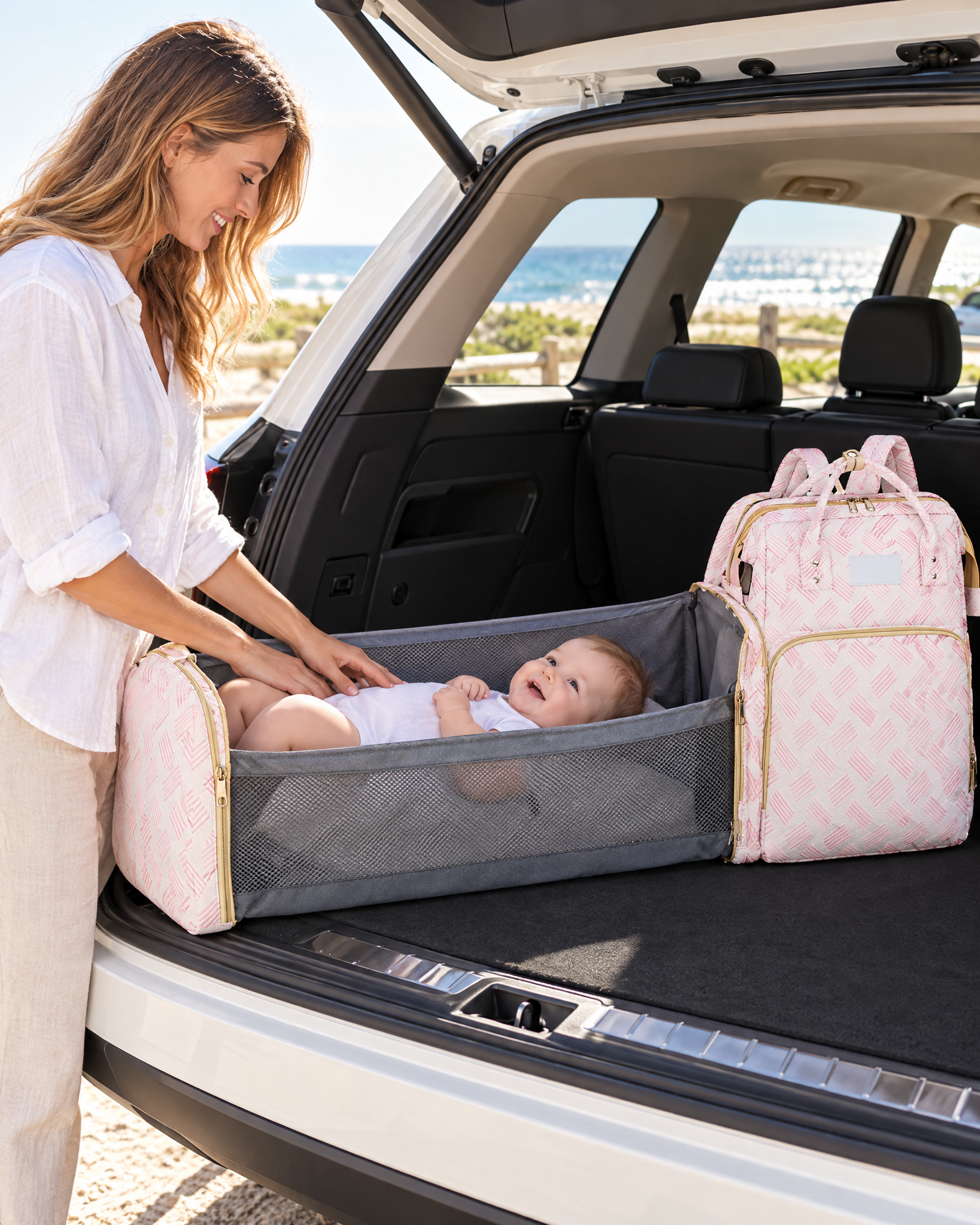 Changing a baby on the Nest Backpack's fold-out station in the back of a car