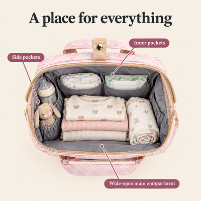 Wide-open main compartment with side and inner pockets