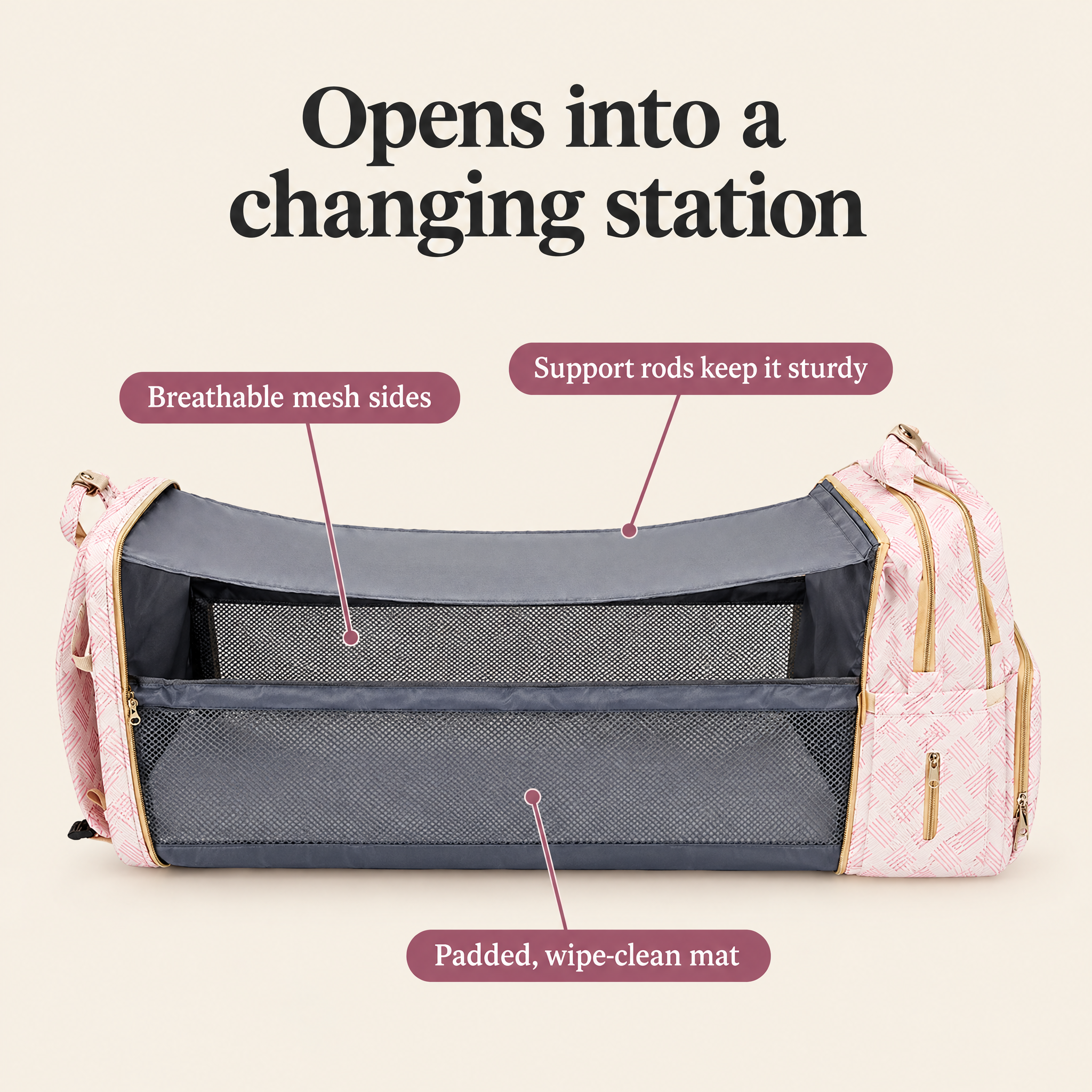 Opens into a changing station with breathable mesh sides, support rods and a padded wipe-clean mat