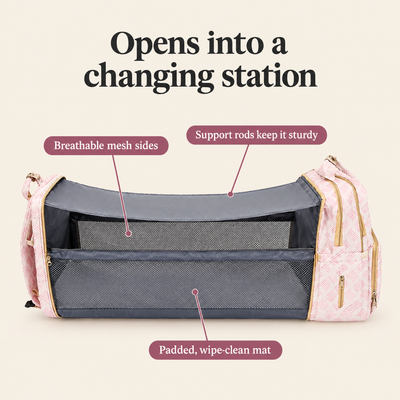 Opens into a changing station with breathable mesh sides, support rods and a padded wipe-clean mat