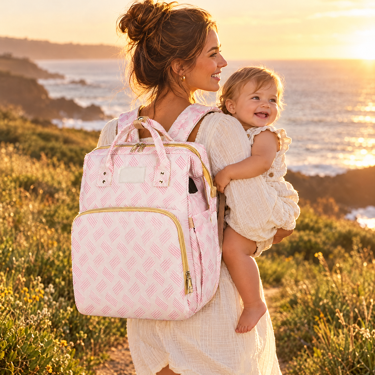 Mom and baby on a coastal walk with the Nest Backpack
