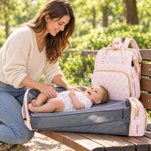 Changing a baby in the park
